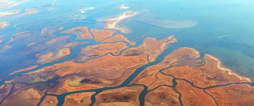 Aerial view of Lagoons near Venice, Veneto, Italy, Europe