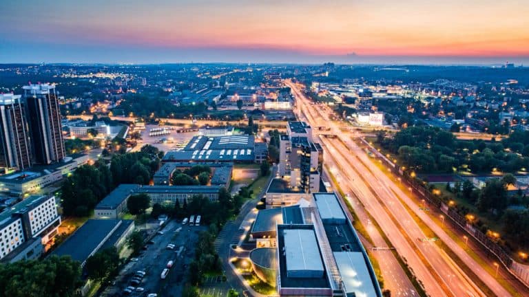 Aerial drone view on Katowice centre at night