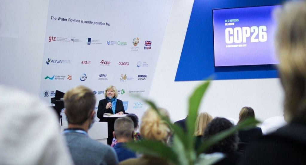 Ruth Mathews from SIWI, talking at the COP26 Water Pavilion in Glasgow