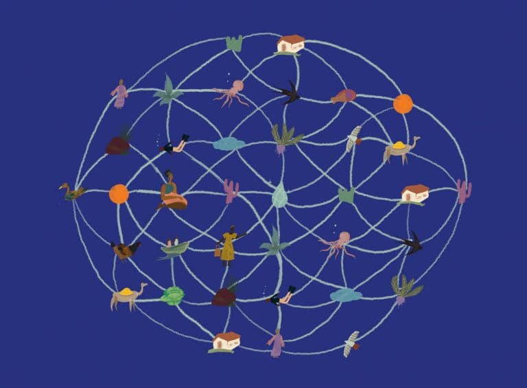 Illustration by Radhika Gupta showing elements connecting as a circular web, on dark blue background