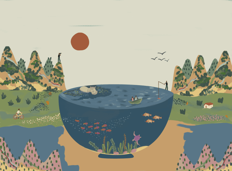 A blue bowl of water with fish, a hippo, a freshwater turtle, and a fishing boat. Around the bowl are hills with a person looking through a pair of binocs. In the field, a person is cycling on the left side of the bowl, and to the right there is a house. Above in the sky, is a big orange sun.