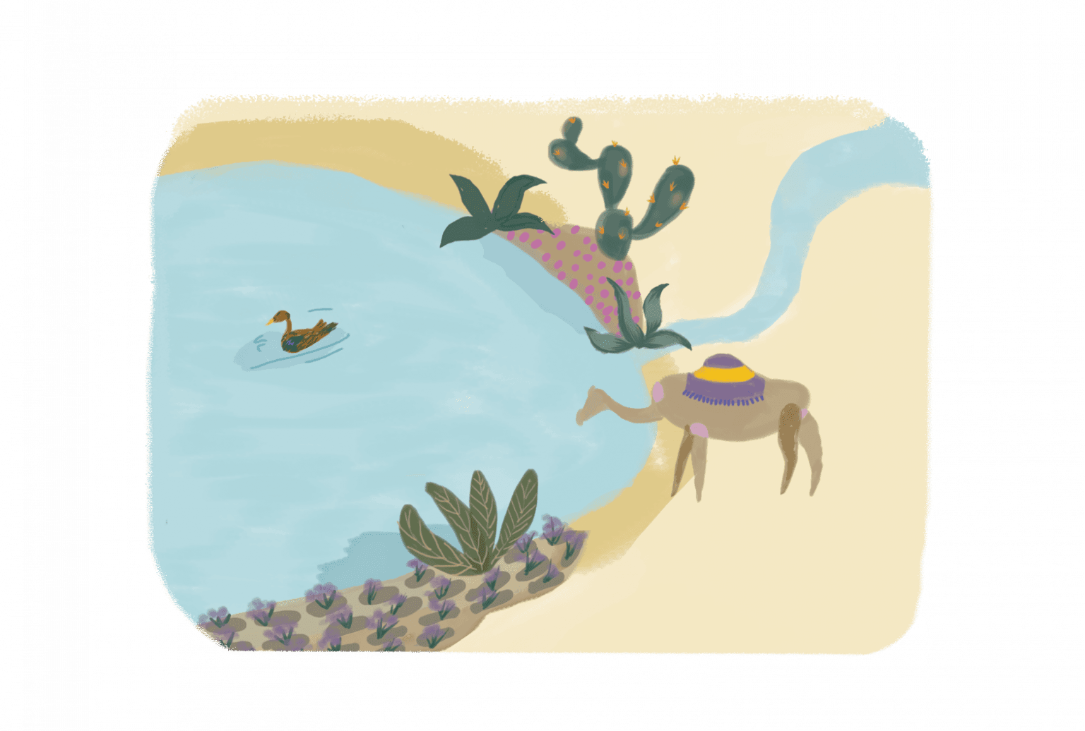 Illustration of the watershed with a camel drinking and a duck swimming