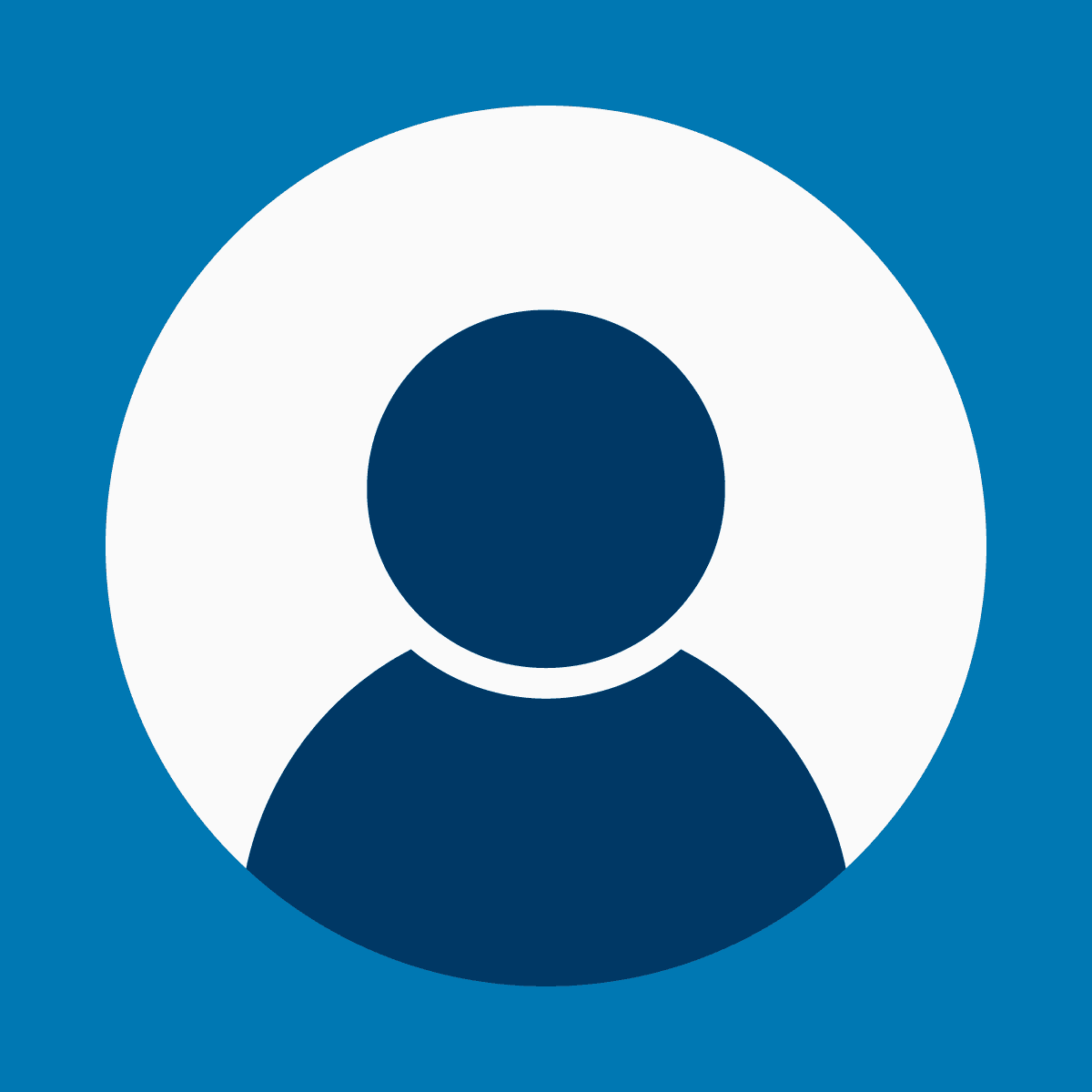 Icon of a person in dark blue, in a white circle on light blue background