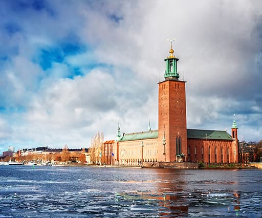 The,City,Hall,Stadshuset,In,Stockholm,With,Winter,Ice,,Sweden,