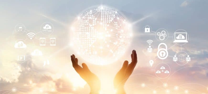 Businessman touching circle global network connection and data exchanges worldwide on city sunset background, communication and technology concept