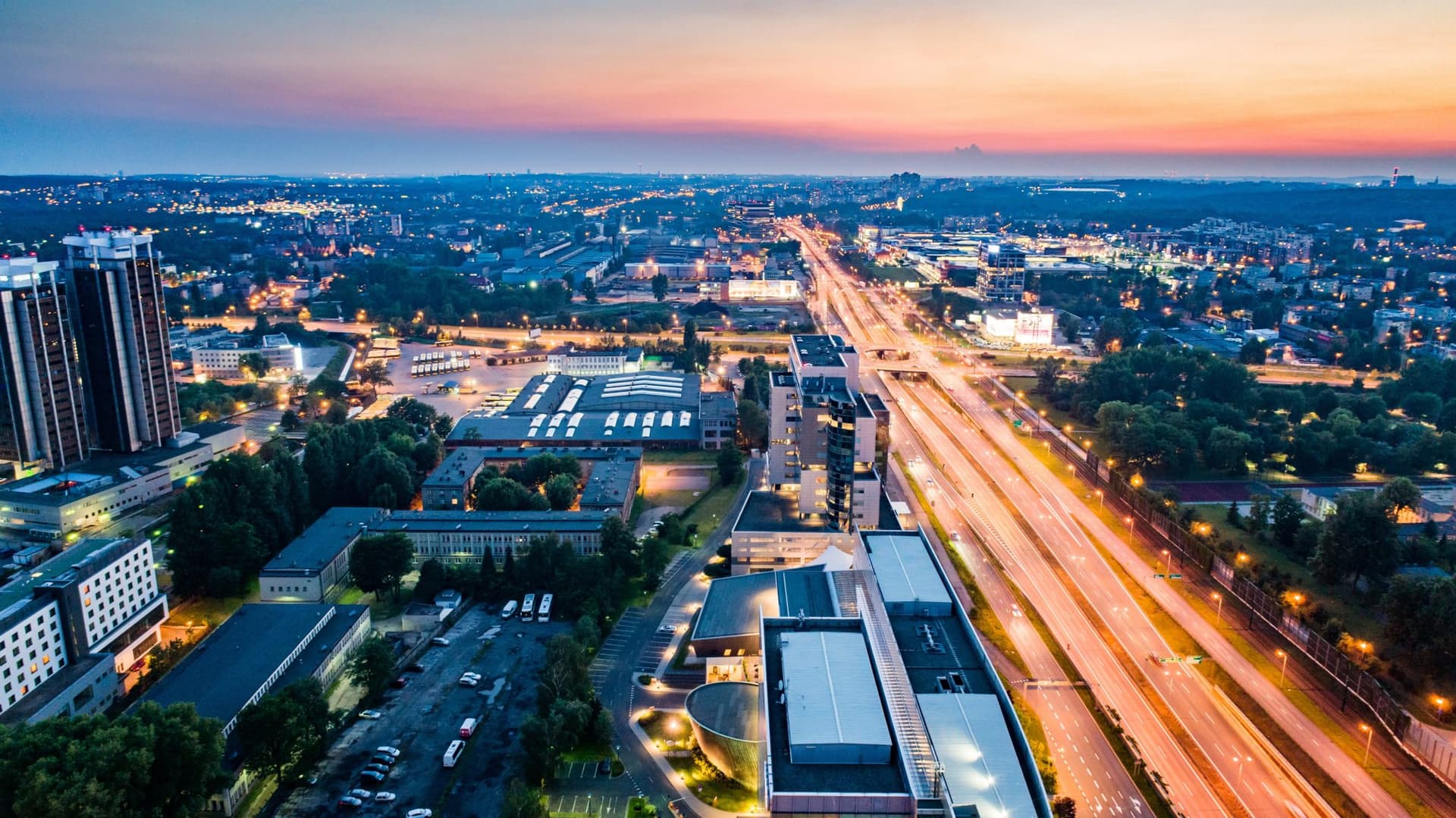 Aerial drone view on Katowice centre at night
