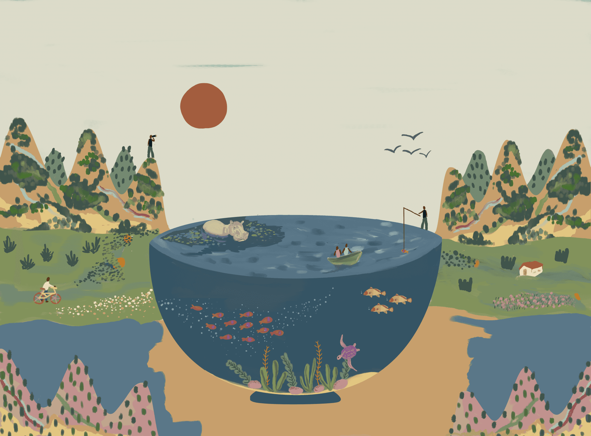 A blue bowl of water with fish, a hippo, a freshwater turtle, and a fishing boat. Around the bowl are hills with a person looking through a pair of binocs. In the field, a person is cycling on the left side of the bowl, and to the right there is a house. Above in the sky, is a big orange sun.