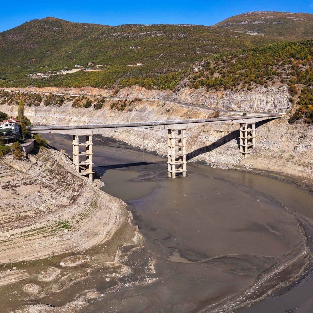 Bridge spanning the dried riverbed of the White Drin river, Kukës, Albania.