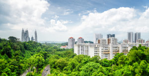Beautiful cityscape in Singapore. Modern buildings among trees