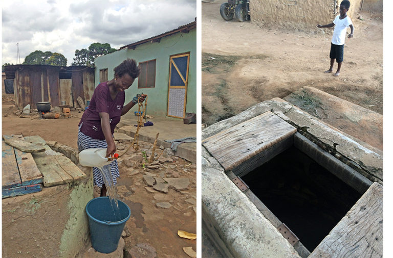 Split image - left: with a black person pouring water from a jug into a bucket / right: whole in the ground closed by a door