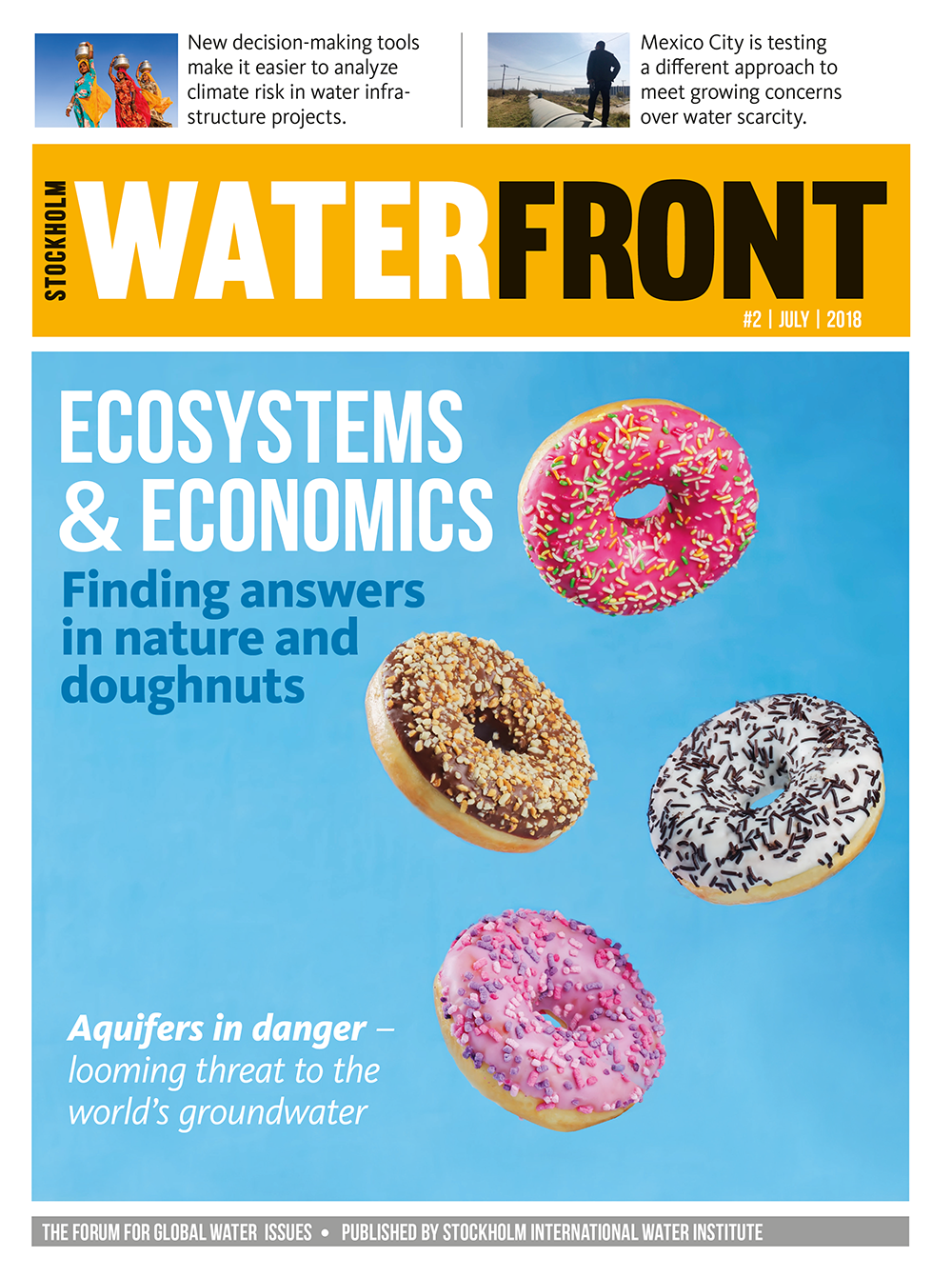 Cover page of Waterfront number 2, 2018 showing falling doughnuts