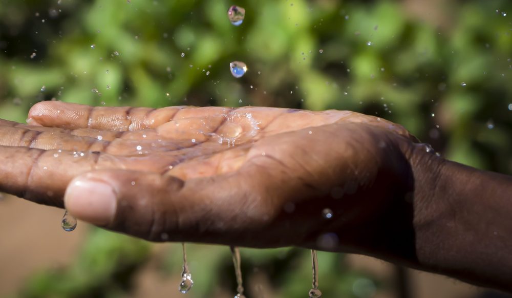 An outstretched hand feels the rain water splash on the palm of an african hand. Green foliage in the background adds to the feeling of relief from rain.