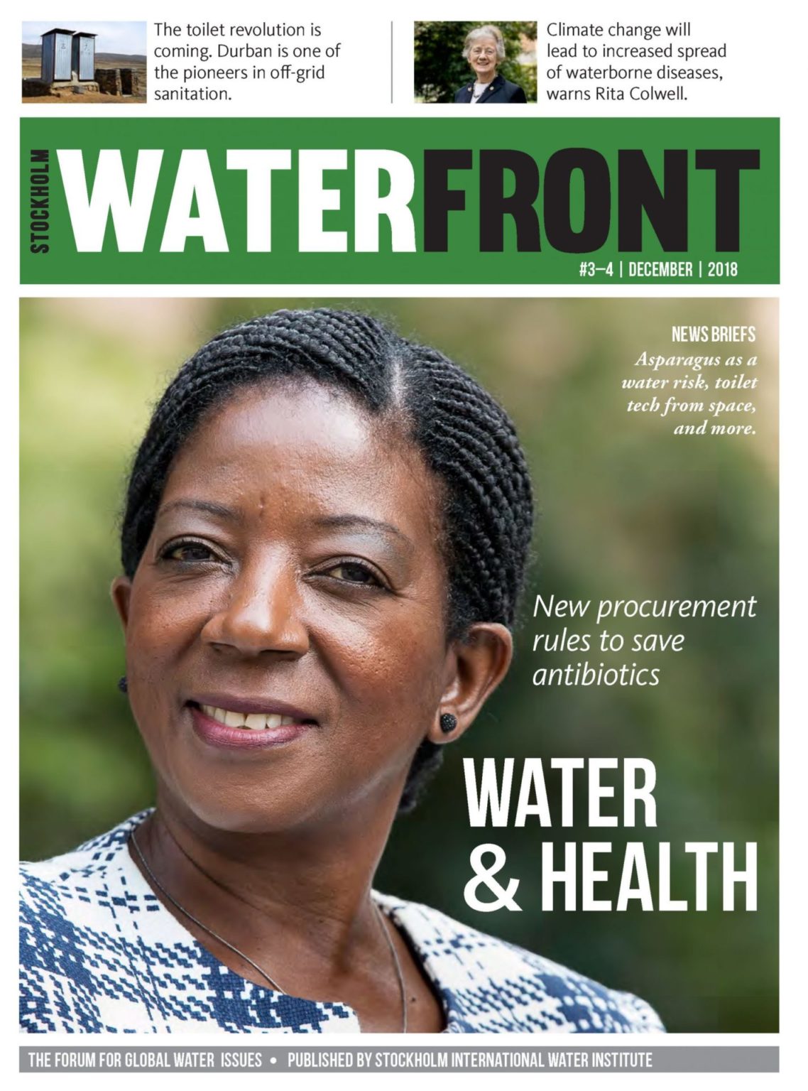 Cover of WaterFront Magzine 2018 showing a photo of Dr. Rosemary Kumwenda, SPHS Coordinator and UNDP Regional Team Leader HIV/ Health and Development, Eastern Europe and Central Asia