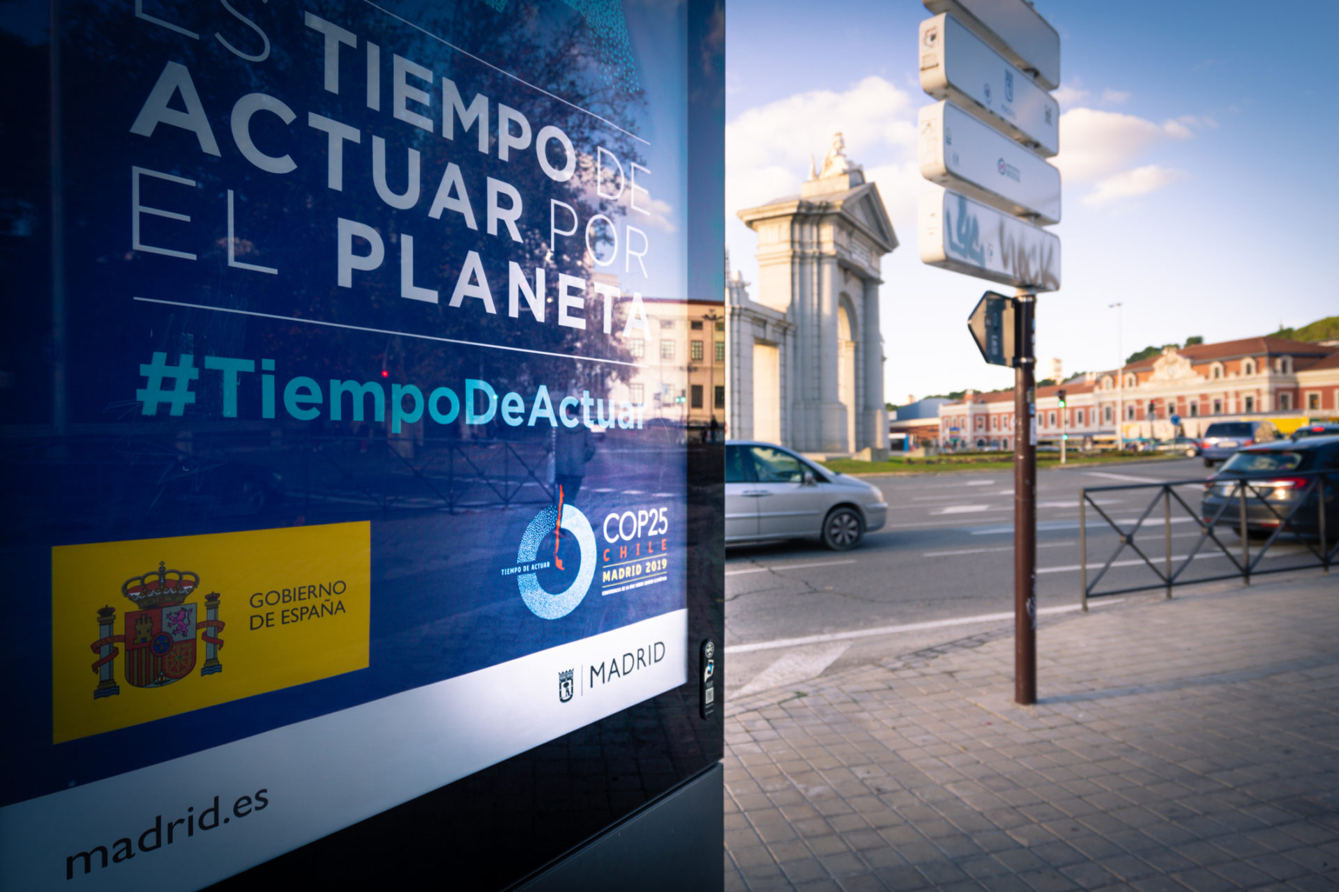 COP25 ad on a billboard in Puerta de San Vicente Square