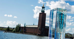The Stockholm Water Prize award with the Stockholm city hall in the background.