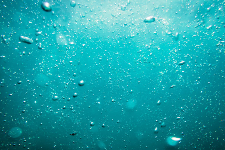 Bubbles floating the the surface of a turquoise body of water