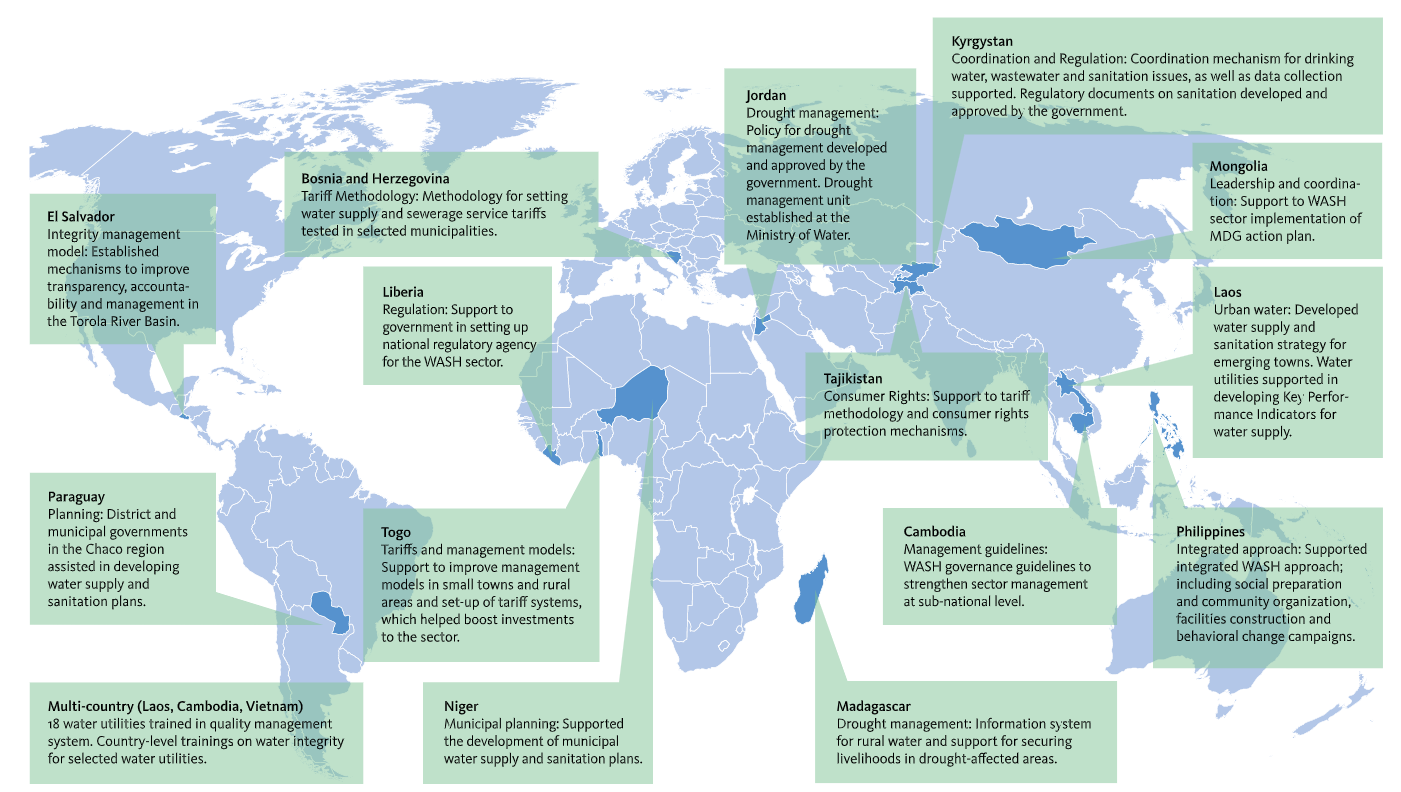 GoAL WaSH global reach: world map showing 15 countries where SIWI implemented the WASH programme