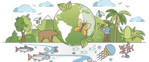 illustration of the planet Earth with animals and landscapes in green, blue and brown colours