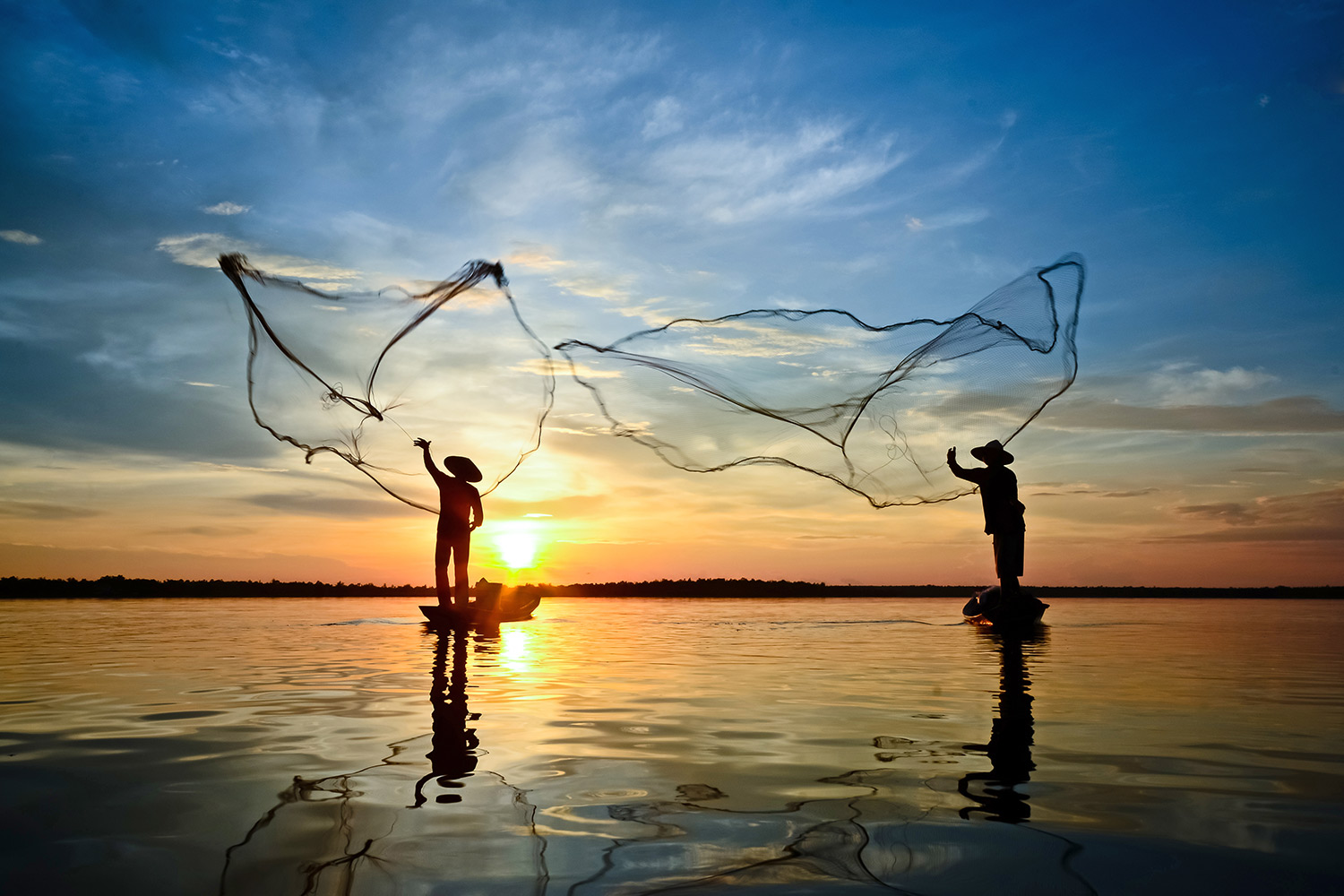 Thai fisherman strategically throwing their nets together at sunrise.