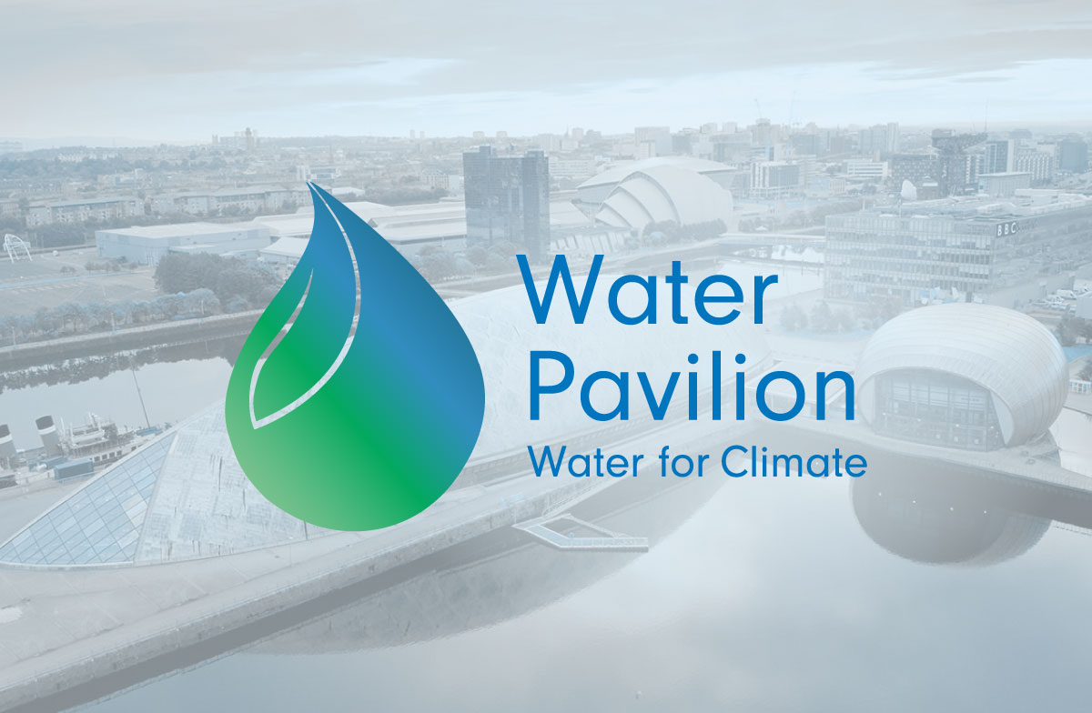 Water Pavilion logo on top of a picture of Glasgow, hosting the COP26