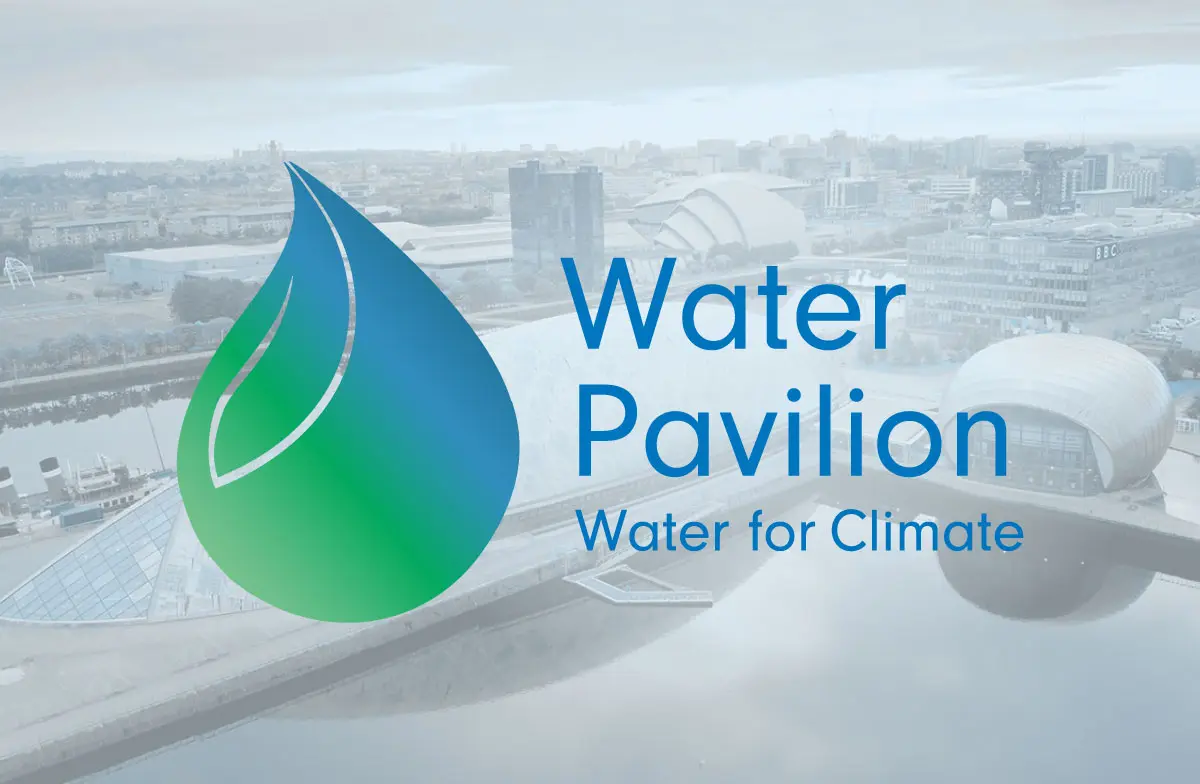 Water Pavilion logo on top of a picture of Glasgow, hosting the COP26