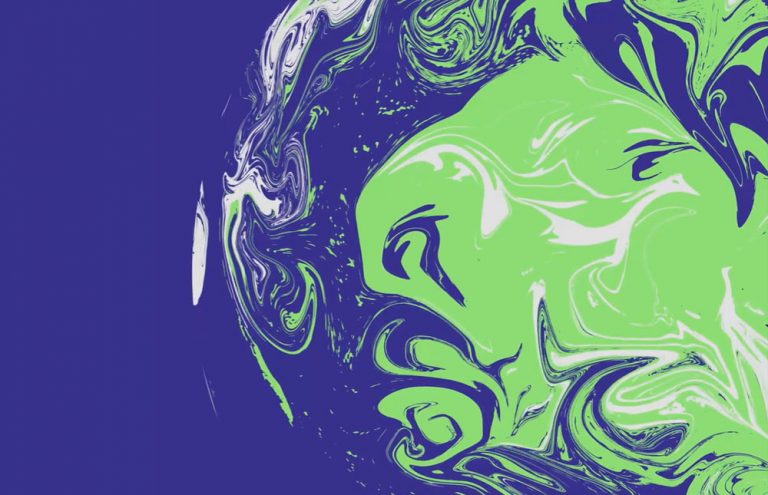 COP 26 graphic: dark indigo background with Earth Globe with wavy graphics in green and white