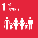 Sustainable Development Goal 1: No Poverty - icon: silhouettes of people of different size, gender, ability on a red background