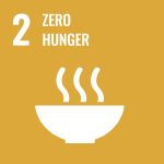 Sustainable Development Goal 2: Zero Hunger - icon: silhouettes of people of different size, gender, ability on a mustard yellow background