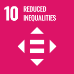 Sustainable Development Goal 10: Reduced inequalities - icon: equal sign in the middle of 4 arrows pointing up, down, left and right on a pink background