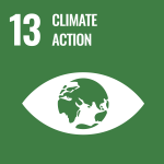 Sustainable Development Goal 13: Climate action - icon: eye shape with Earth in the middle on a dark green background