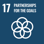 Sustainable Development Goal 17: Partnerships for the Goals - icon: 5 circles connecting in the middle, drawing a flower shape on a navy blue background