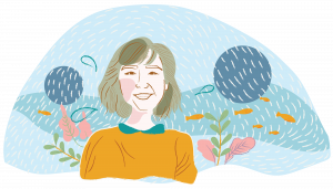 Illustration of Jennifer Jun in a water dome. Illustrated by: Radhika Gupta