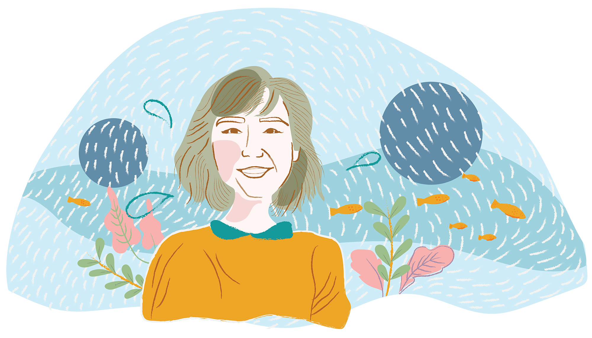 Illustration of Jennifer Jun in a water dome. Illustrated by: Radhika Gupta