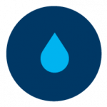 Improving water governance icon: blue water drop on marin blue background