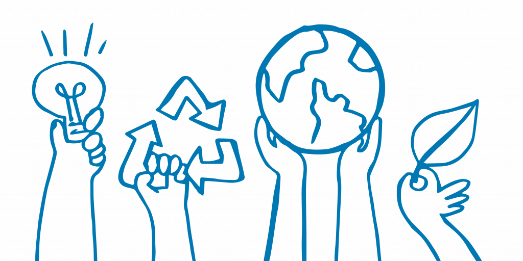 Blue hand drawings on white background illustrating 5 hands raised in the air. The first hand holds a light bulb, the second one a recycling symbol (3 arrows forming a triangle), the third and fourth hands are holding the Earth globe and the fifth holds a leaf