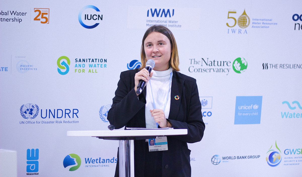 Sarah Breslin, gender equality focal point at SIWI, speaking at the COP26 Water Pavilion in Glasgow