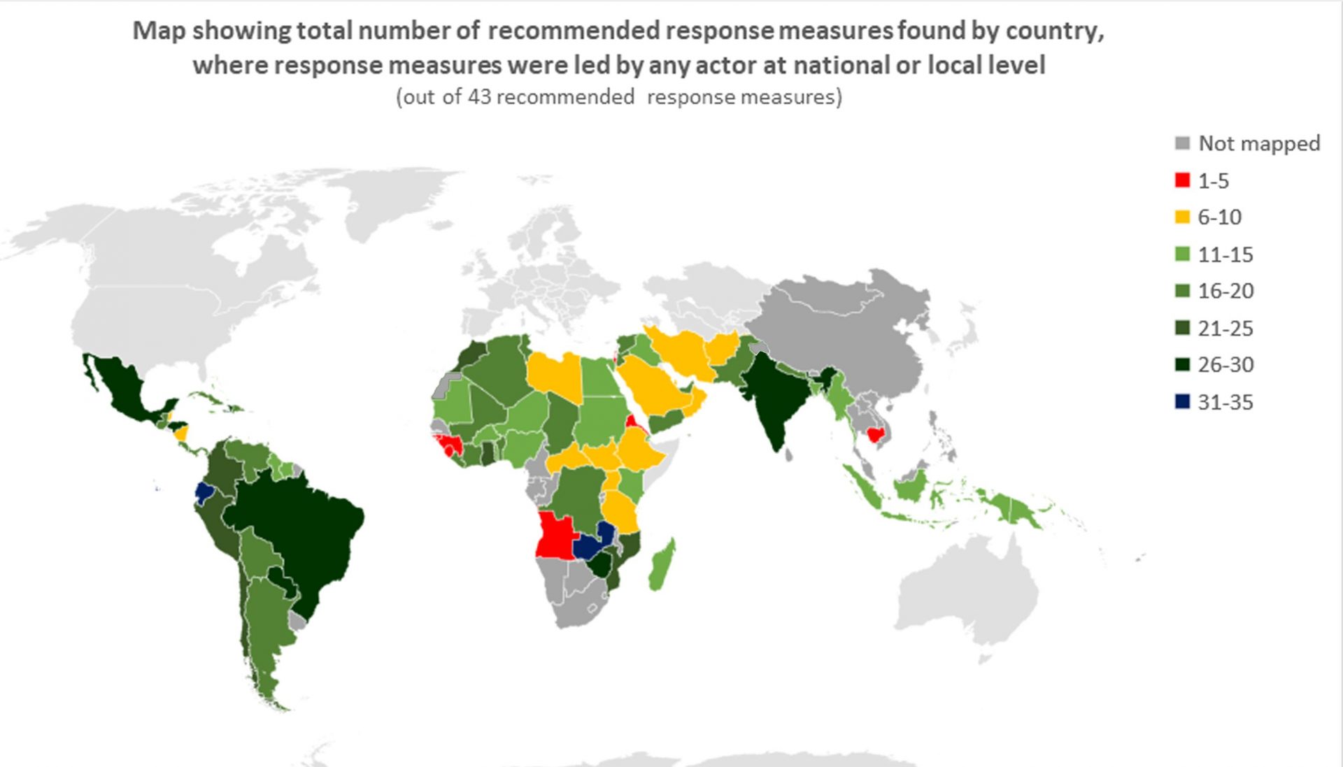 World map showing total number of recommended response measures by country, initiated at local or national levels