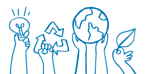 Illustration of hands holding up a light blub, a recycle sign, globe and leaf, in blue lines on white background