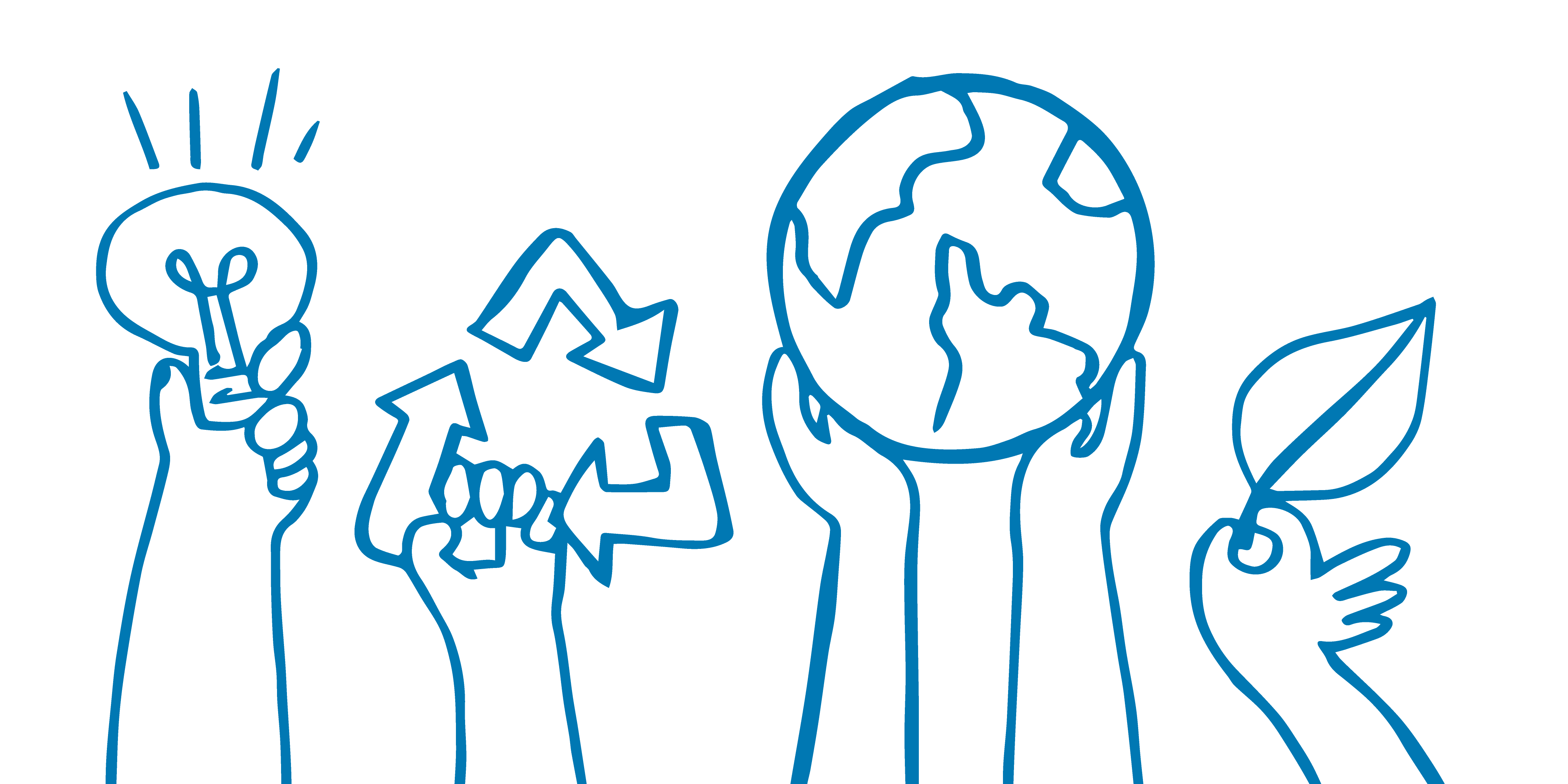 Illustration of hands holding up a light blub, a recycle sign, globe and leaf, in blue lines on whit
