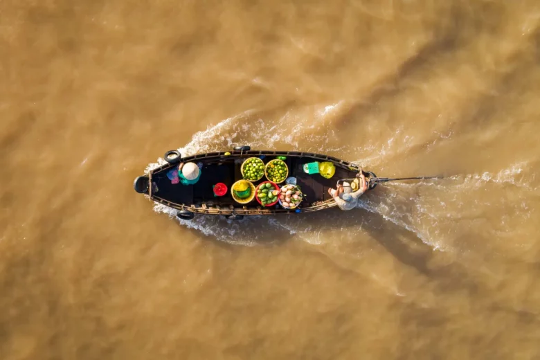 Cai Rang floating market, Can Tho, Vietnam, aerial view. Cai Rang is famous market in Mekong delta, 