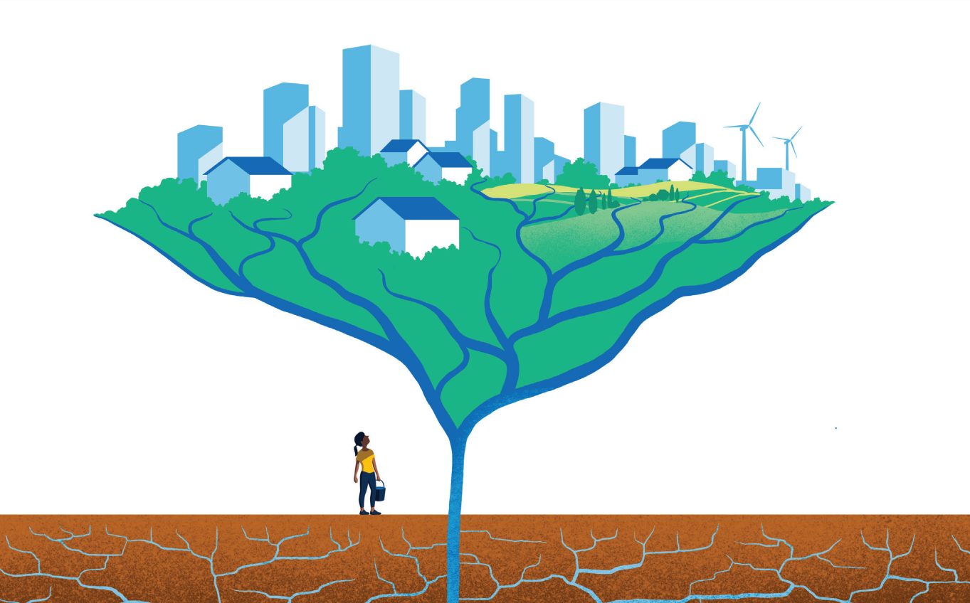 Illustration of a city on top of a tree, with a girl at the bottom and transparent groundwater below her feet