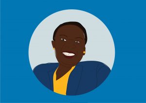 An illustration of a woman against a blue background, placed in a circle, representing Theresa Wasike