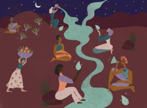 Illustration of several women seated across a river pouring from a cup held by a woman. On a starry night with a half moon, they are carrying diamonds and there is one who is with a basket of fruit.