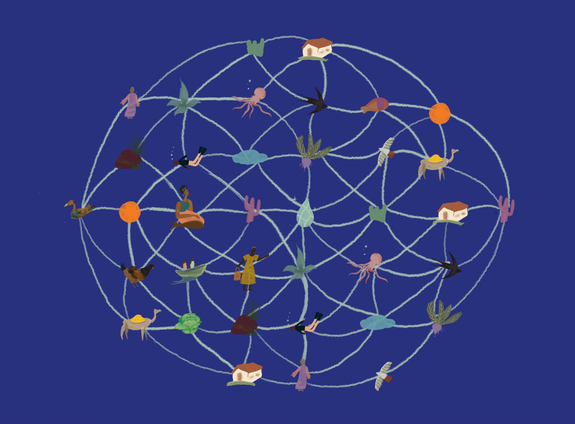 Illustration by Radhika Gupta showing elements connecting as a circular web, on dark blue background