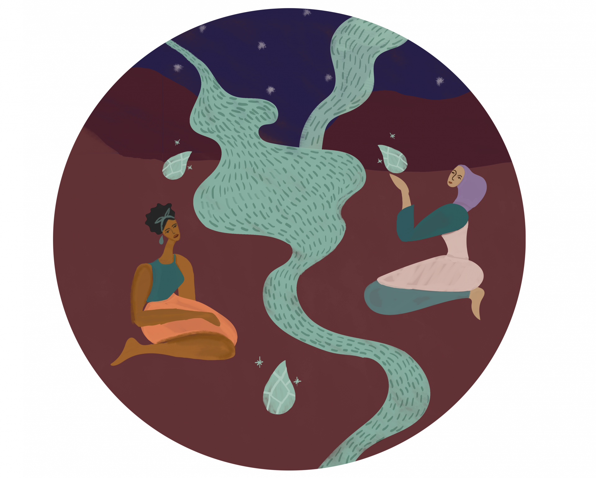 Snippet of illustration by Radhika Gupta: two women sitting on each side of a river