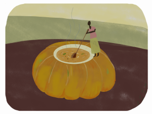 Illustration of person standing on a pumpkin and making soup in it