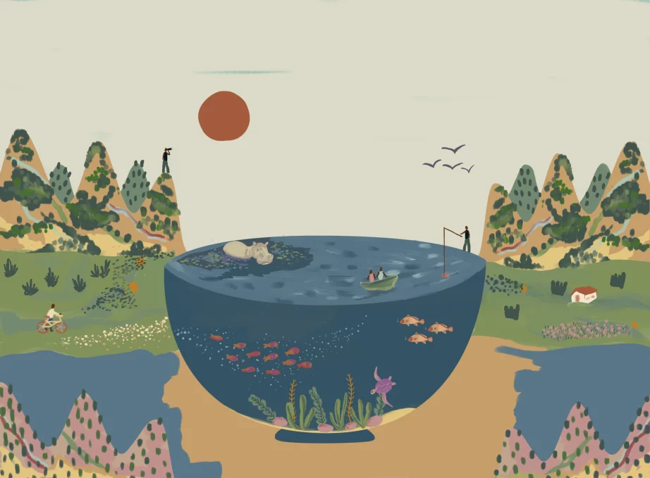 A blue bowl of water with fish, a hippo, a freshwater turtle, and a fishing boat. Around the bowl ar