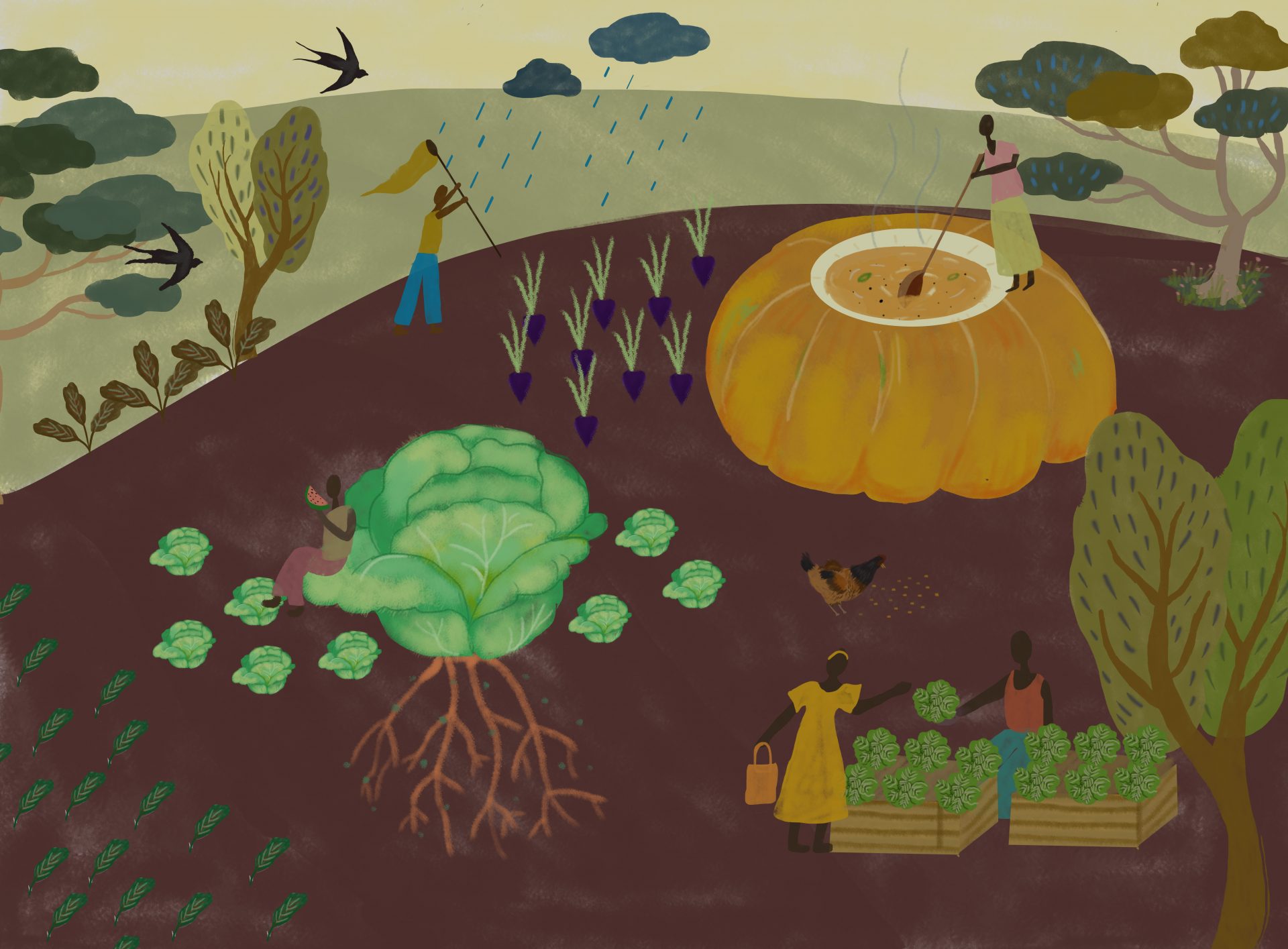 An agricultural landscape with a person sitting on a large cabbage and eating a piece of watermelon, above a person catching raindrops in a net, and on the right, a person standing on a big pumpkin and cooking soup inside it, on the bottom right two people exchanging vegetables in return for money.