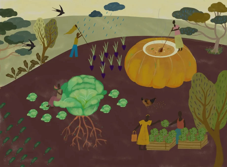 An agricultural landscape with a person sitting on a large cabbage and eating a piece of watermelon,