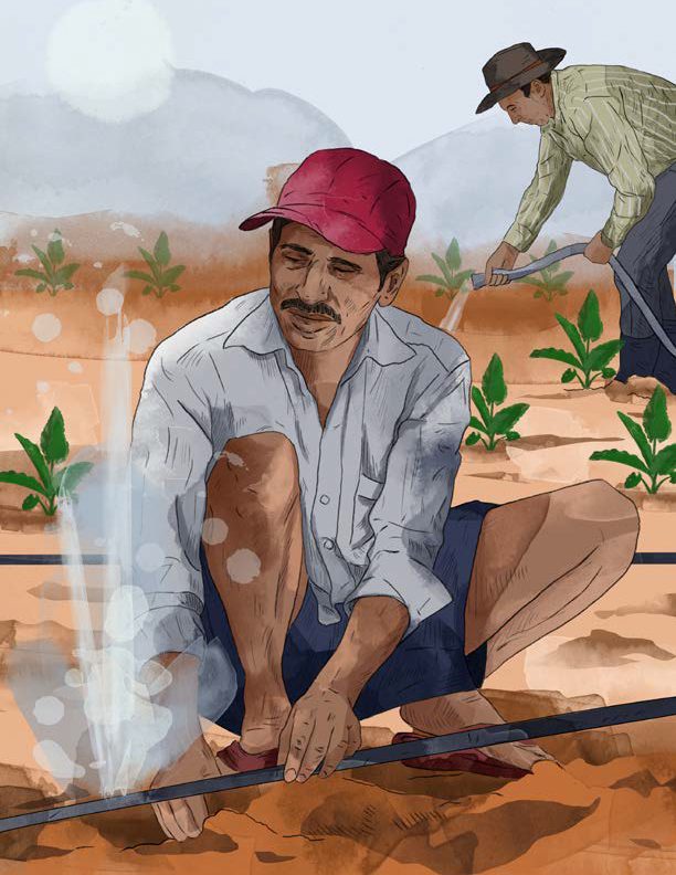An illustration of a man, on the foreground, sitting on a field with a hose on his hand; and another man in the background watering the field